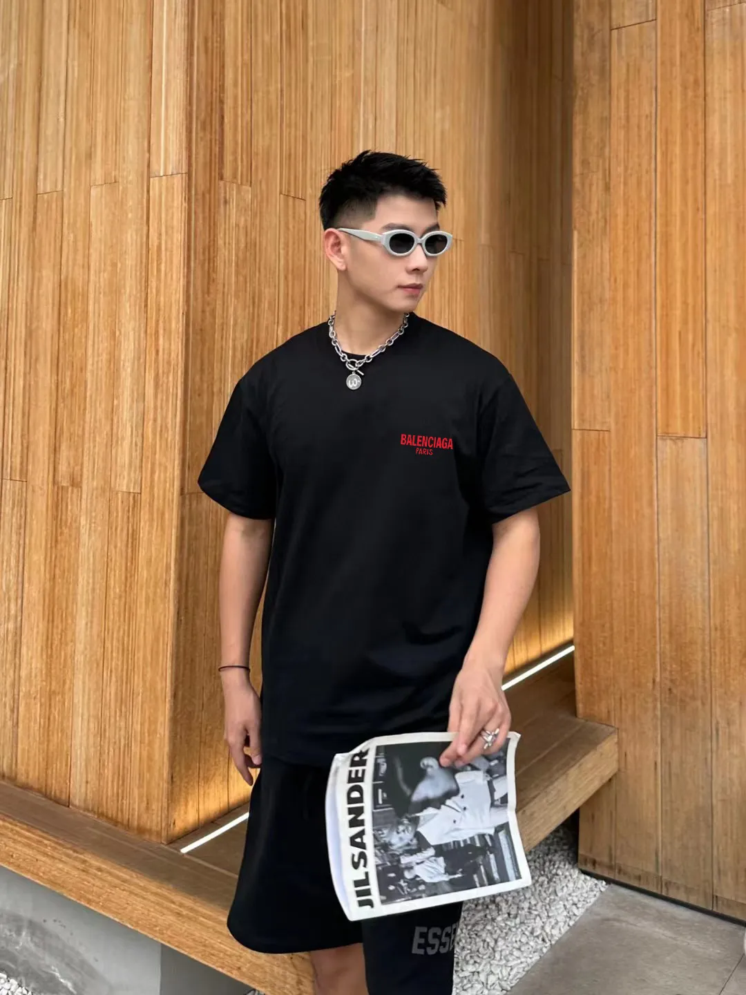 P80✨🔥 BALENCIAGA Paris lettering printed short-sleeved T-shirt, custom-woven and dyed 280g combed cotton heavyweight fabric, zero color difference in thread, perfect details, different from the current version on the market, welcome to compare, Same Style for men and women, must-sell in the picture above Color: White Black Size: 1 2 3 4